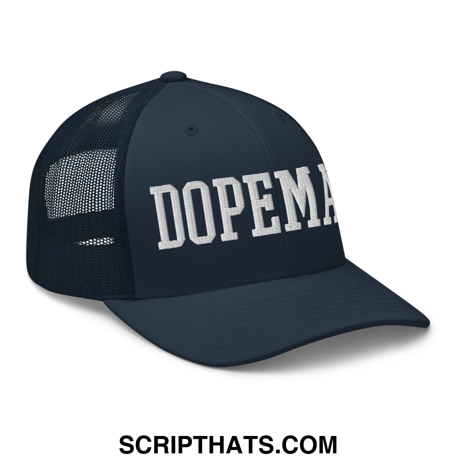 Dark navy mesh trucker hat with white embroidered dopeman lettering on front for casual streetwear use