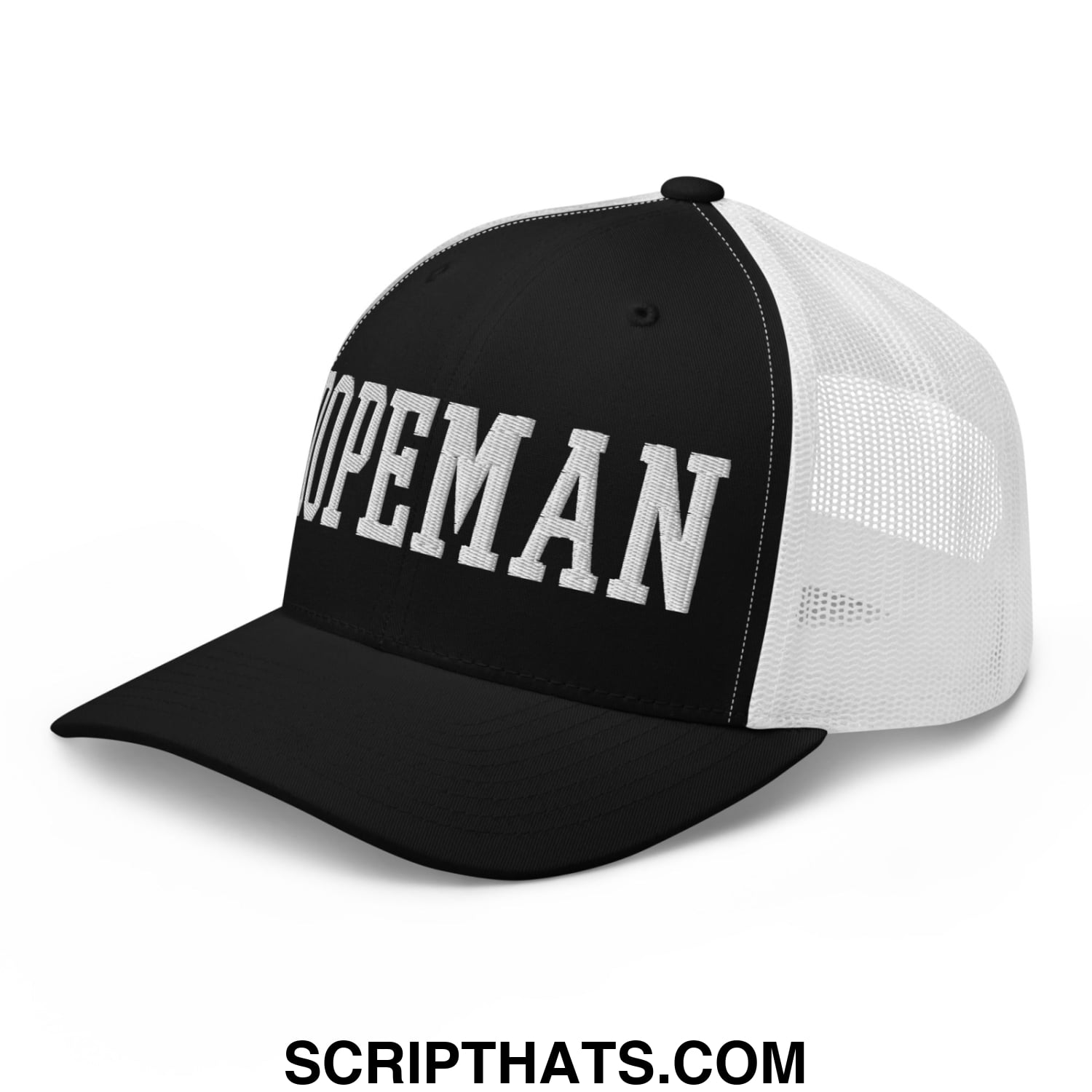 Black and white mesh trucker hat with hopeman embroidered in bold raised silver lettering on front panel