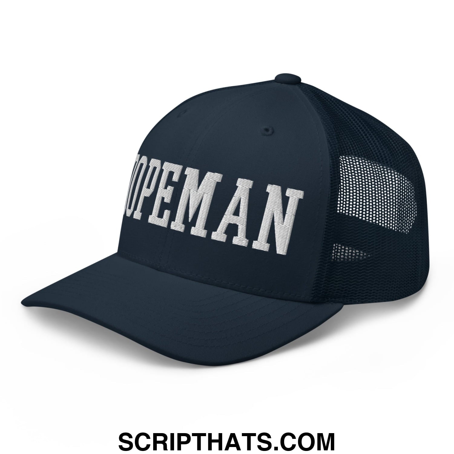 Navy blue mesh trucker hat with white embroidered hopeman lettering front for casual outdoor wear