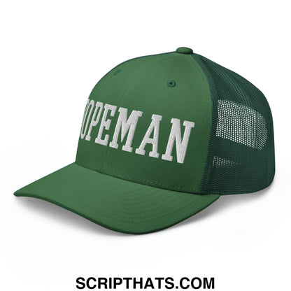 Green dopeman embroidered mesh trucker hat with white hopeman lettering on front panel