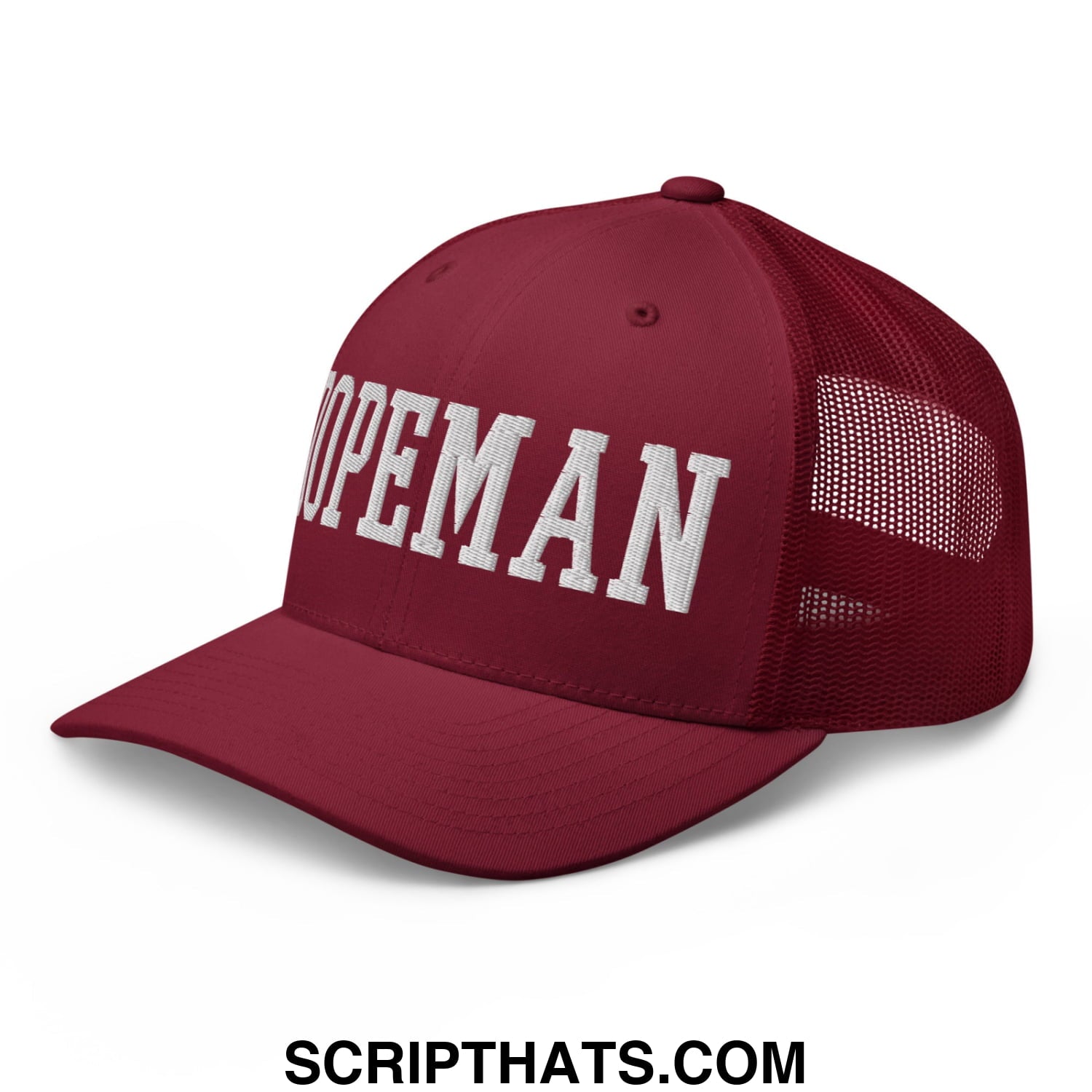 Maroon dopeman embroidered mesh trucker hat with white hopeman lettering on the front panel