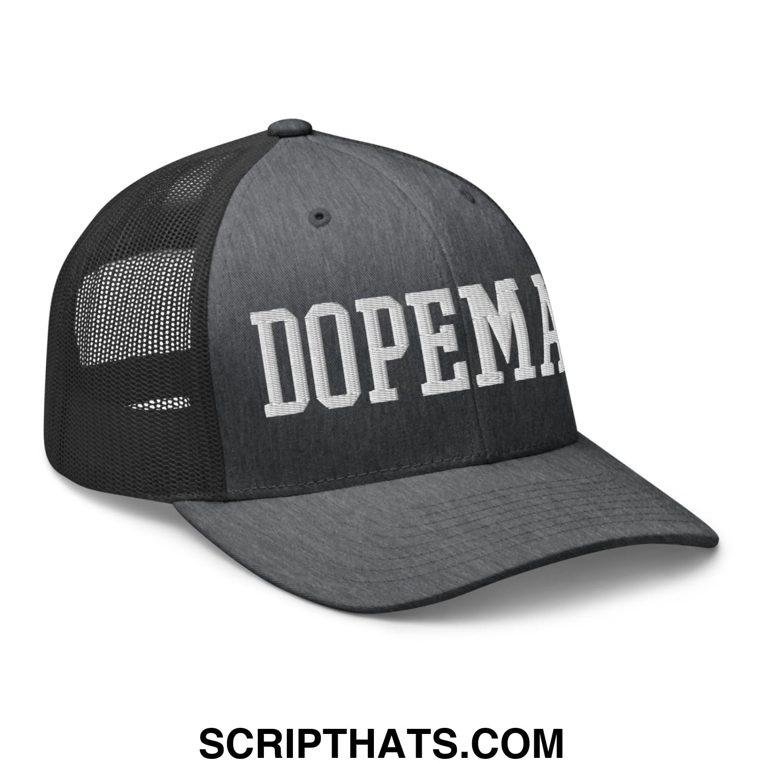 Black dopeman embroidered mesh trucker hat featuring white lettering across the front panel