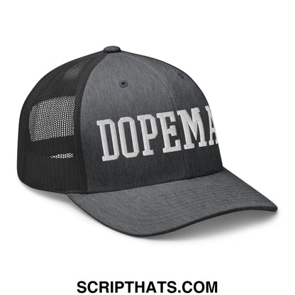 Black dopeman embroidered mesh trucker hat featuring white lettering across the front panel