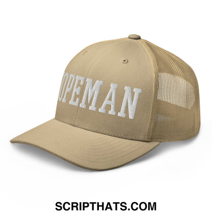 Tan dopeman embroidered mesh trucker hat with white topman lettering across the front panel for casual wear