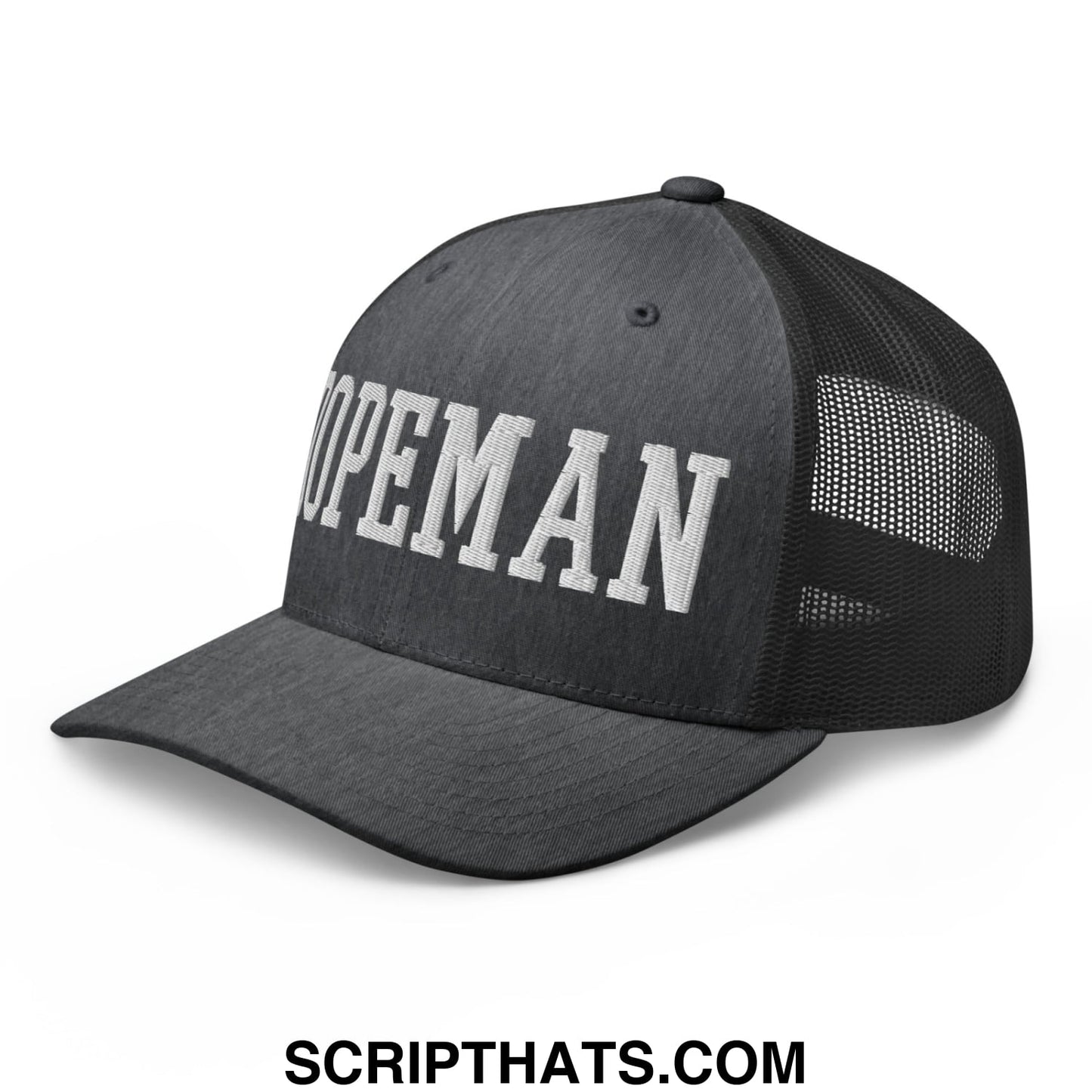Black dopeman embroidered mesh trucker hat featuring white hopeman lettering across the front panel