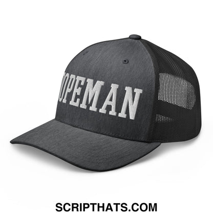 Black dopeman embroidered mesh trucker hat featuring white hopeman lettering across the front panel