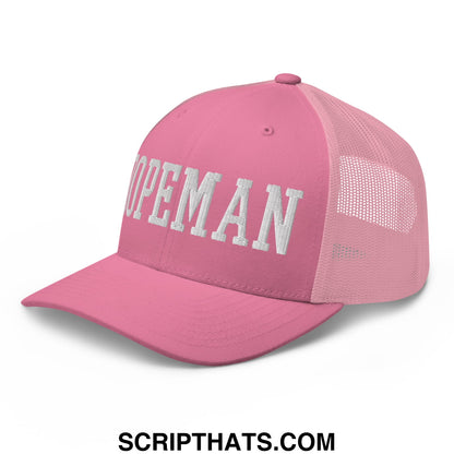 Pink dopeman embroidered mesh trucker hat with white lettering and breathable mesh back panel