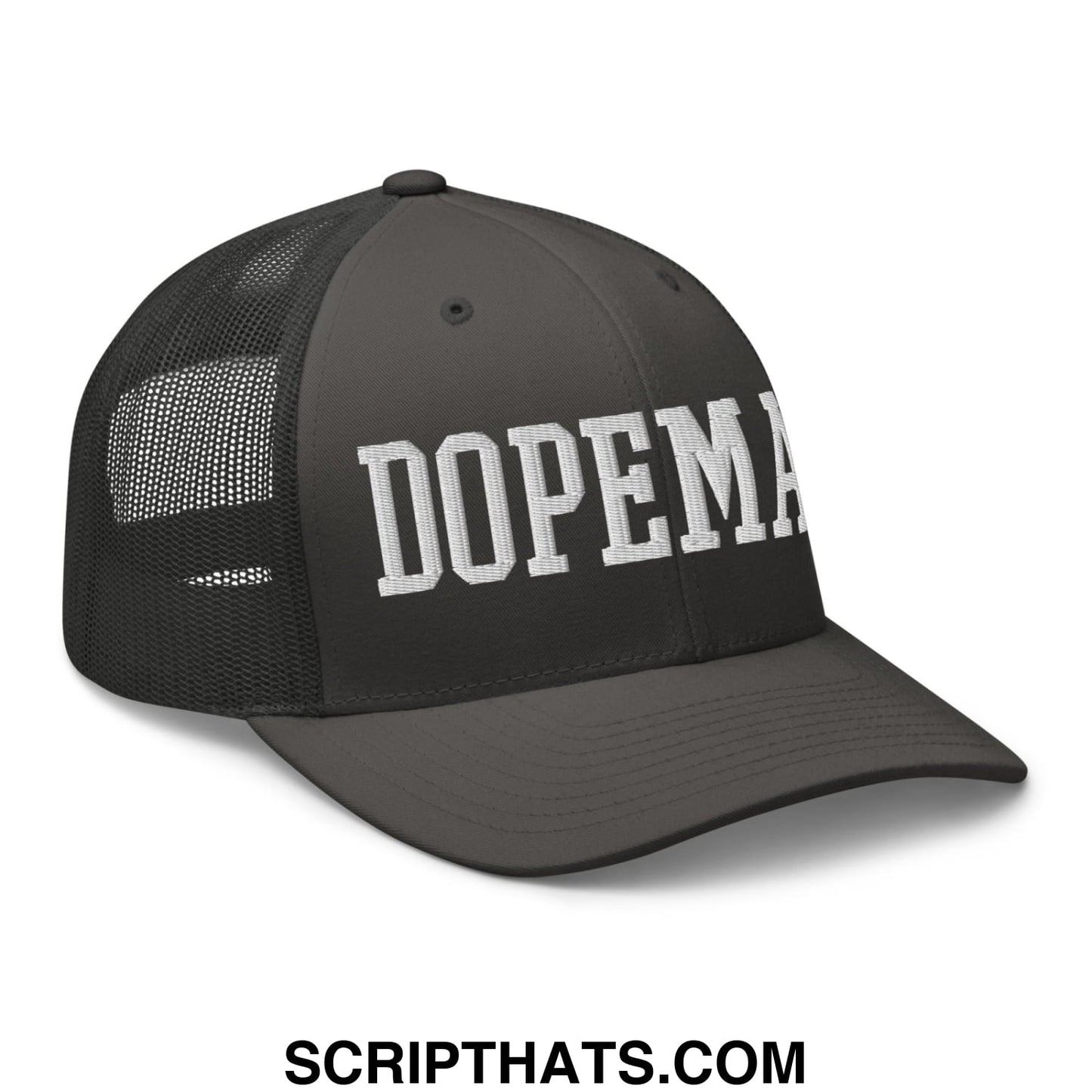 Black Dopeman mesh trucker hat featuring white embroidered lettering across the front panel