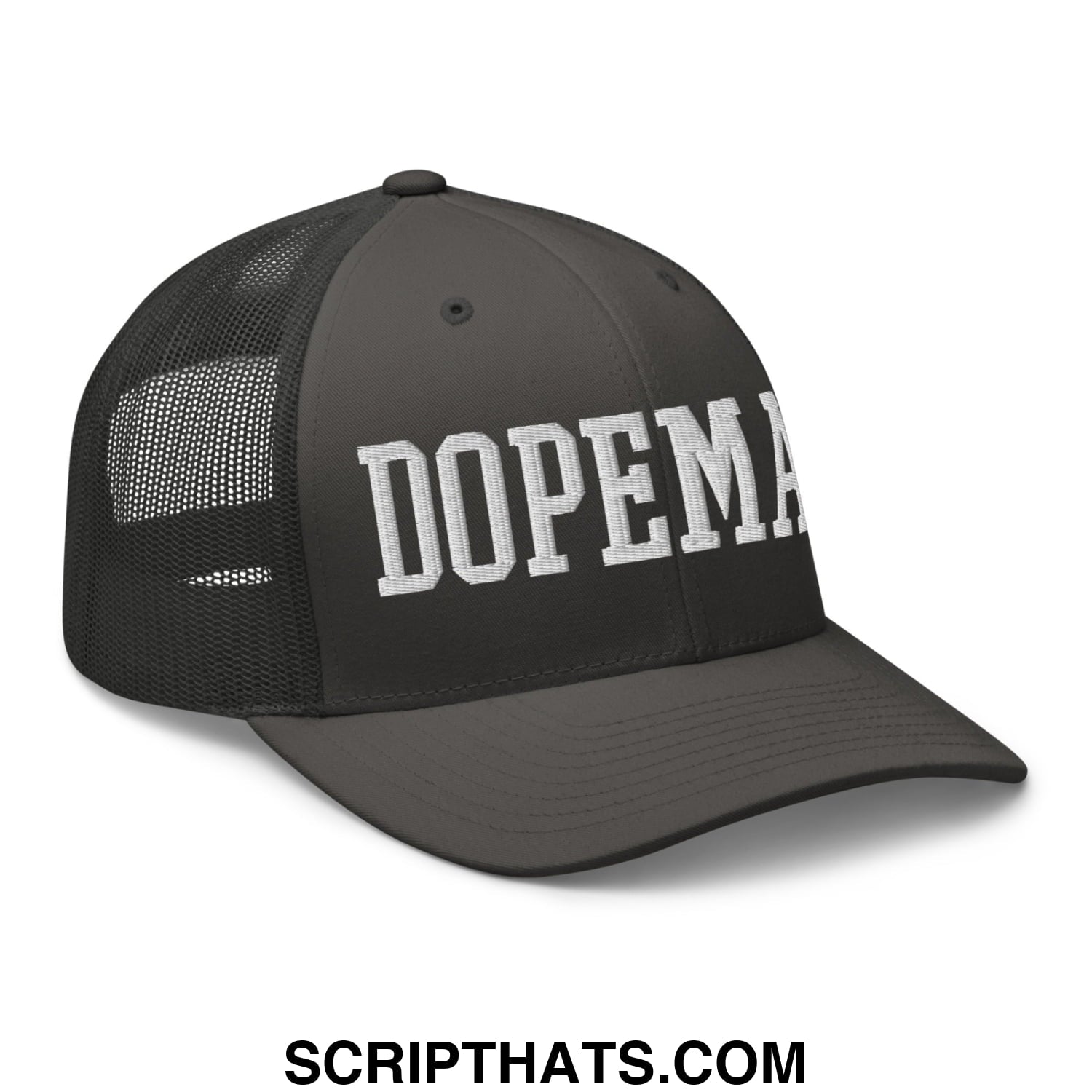 Black Dopeman mesh trucker hat featuring white embroidered lettering across the front panel