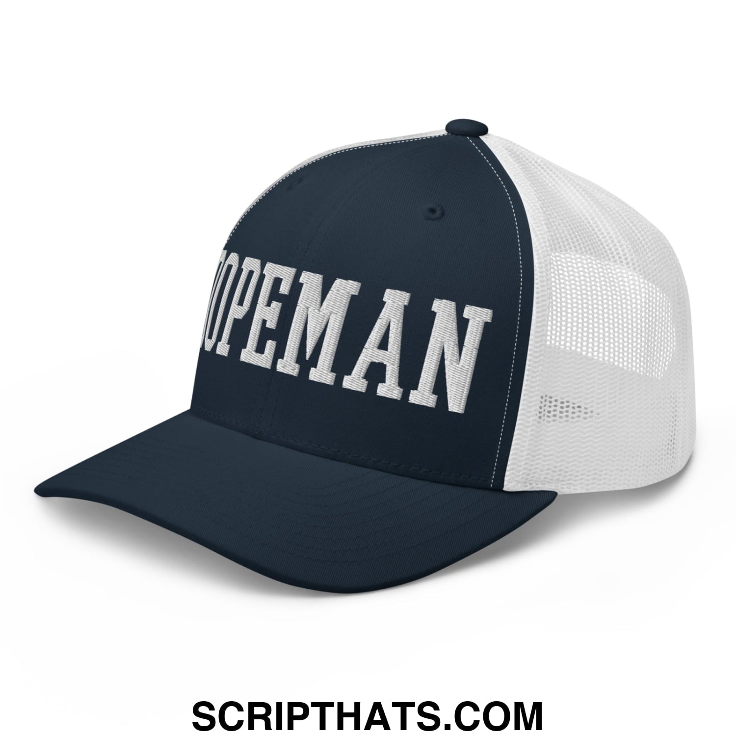 Navy blue and white mesh trucker hat with hopeman embroidered in bold raised white lettering on front panel