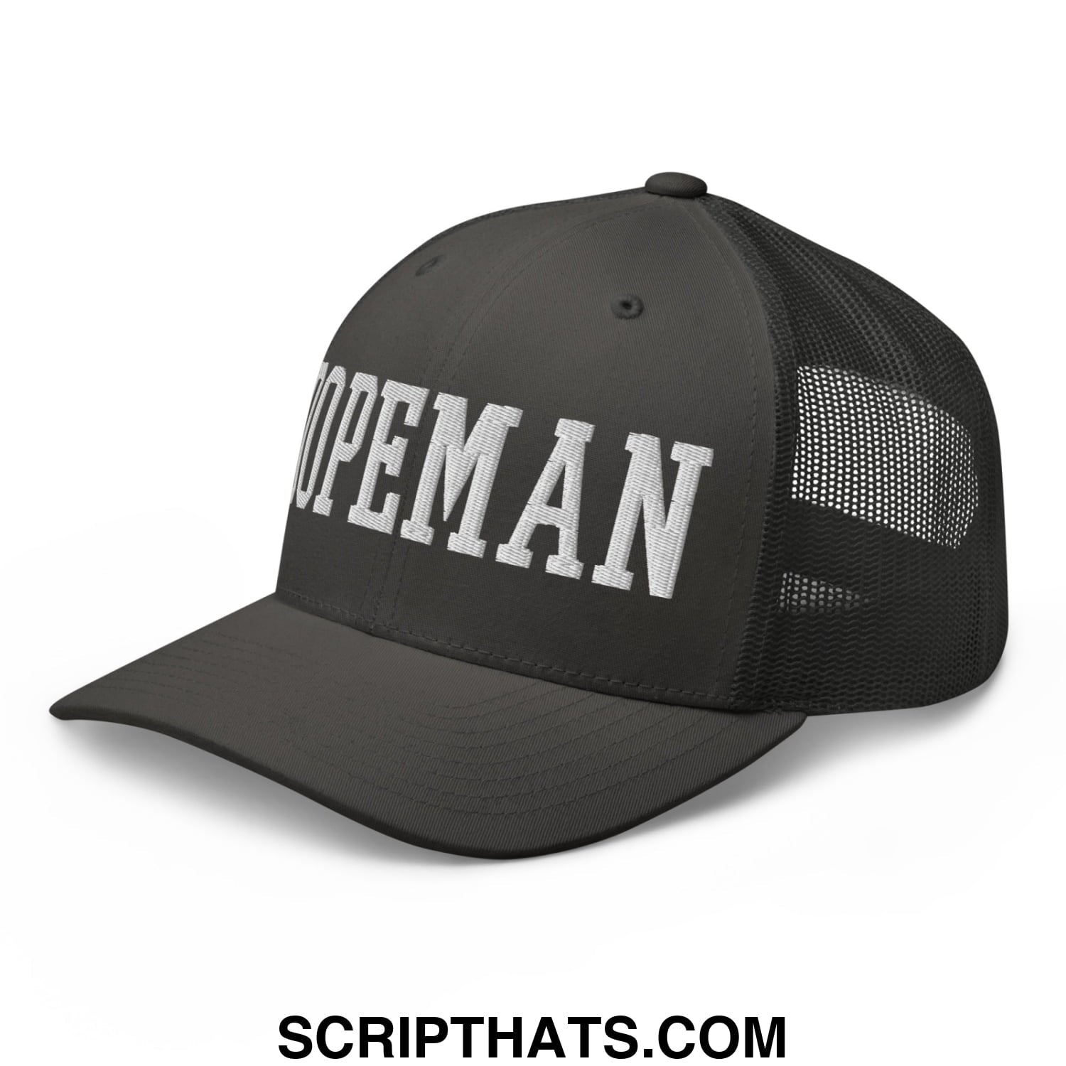 Black mesh dopeman trucker hat with white embroidered hopeman lettering on the front panel