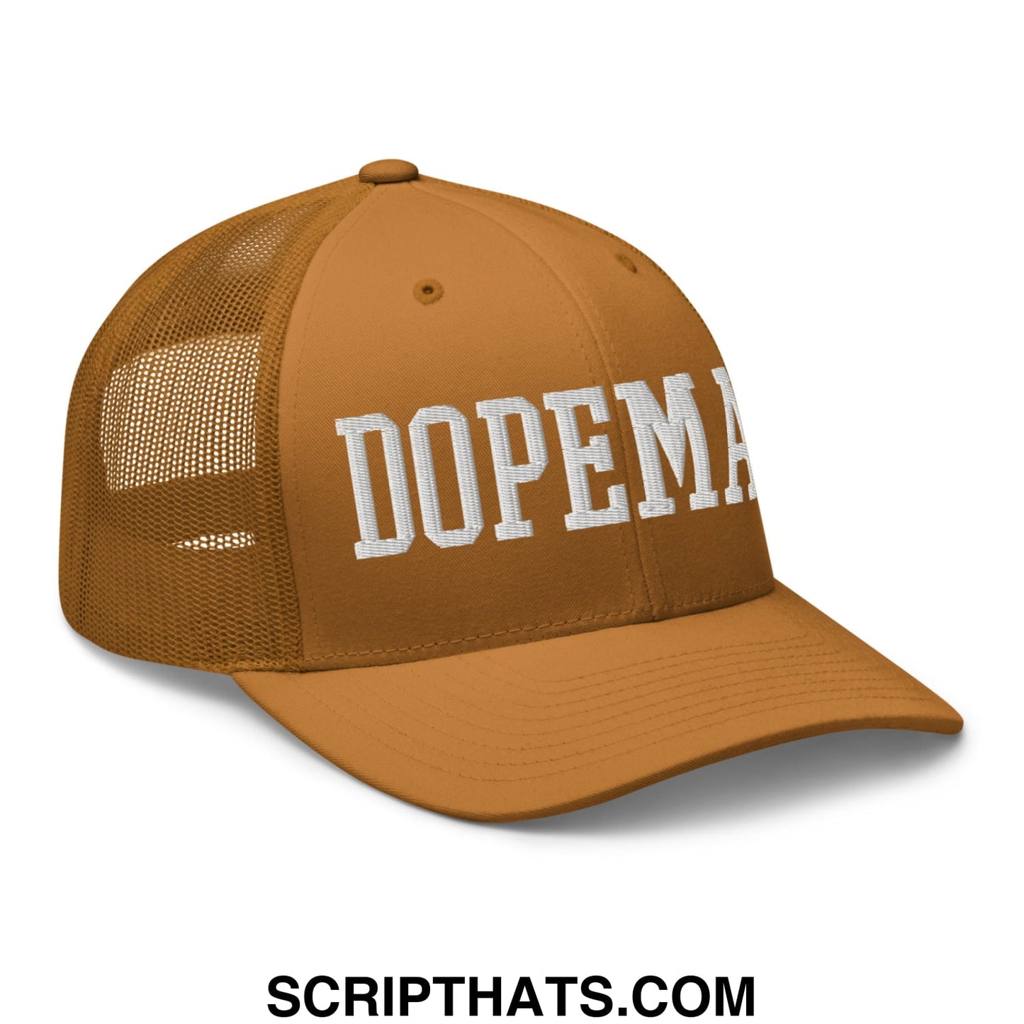 A tan dopeman embroidered mesh trucker hat with white lettering on the front