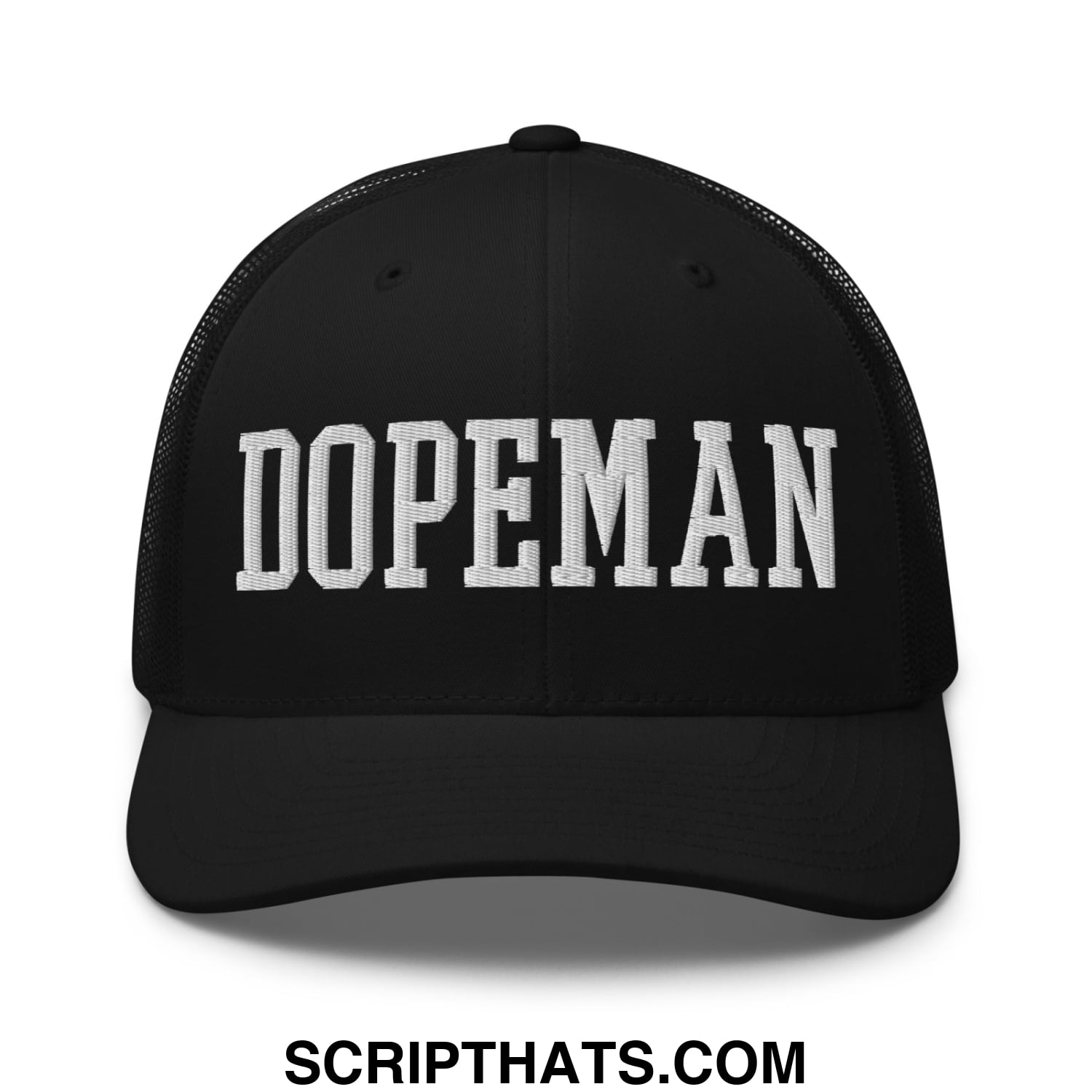 Black mesh trucker hat with white embroidered dopeman lettering on the front panel for casual wear