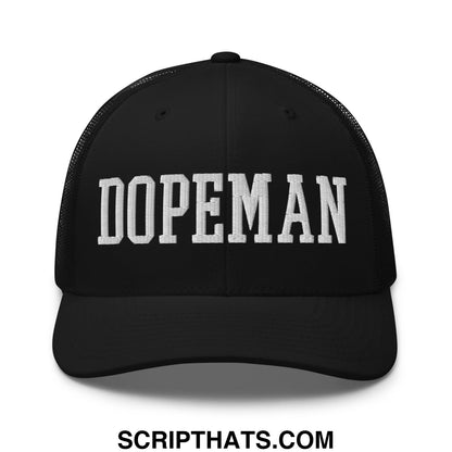 Black mesh trucker hat with white embroidered dopeman lettering on the front panel for casual wear