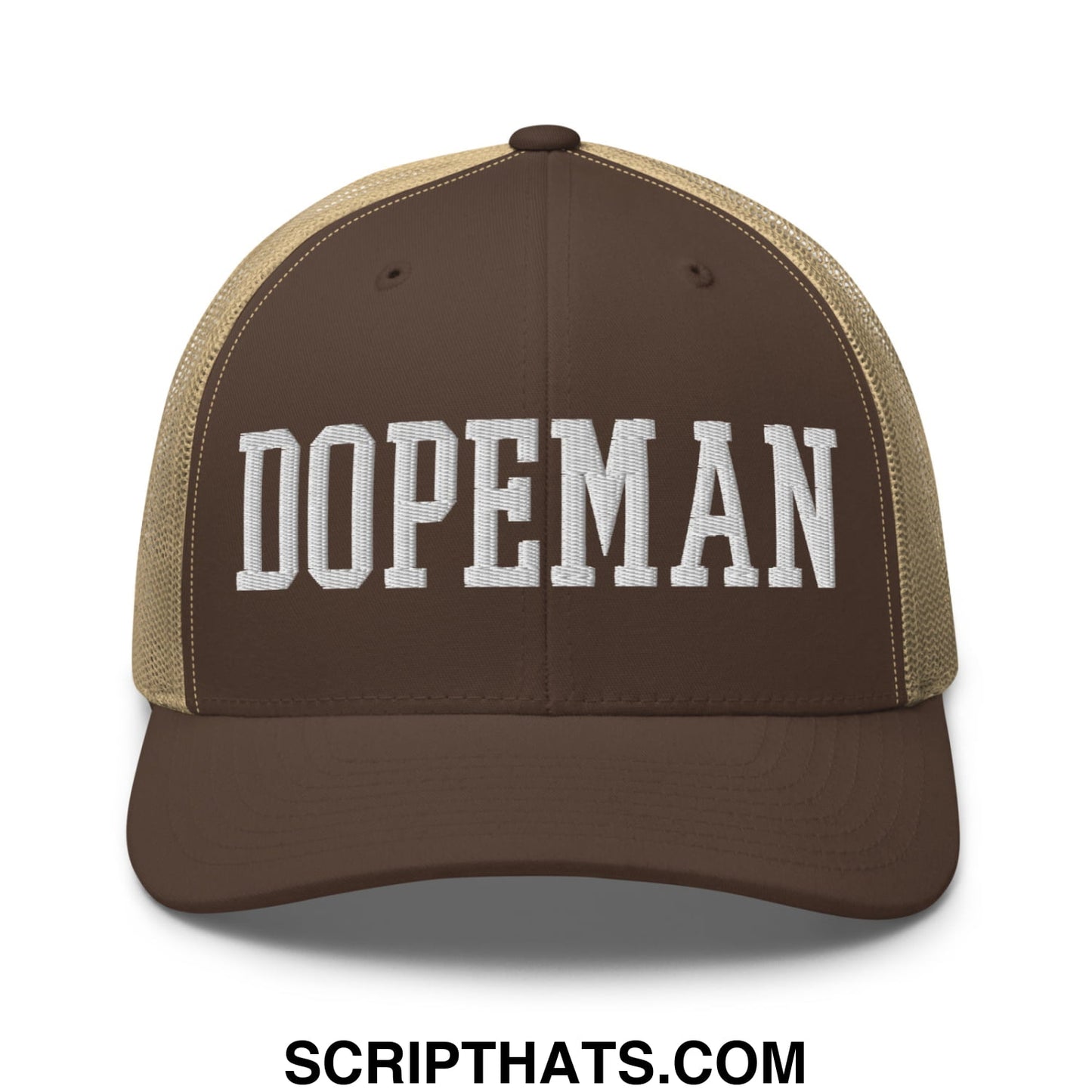 Brown and tan mesh trucker hat with white embroidered dopeman lettering on front panel