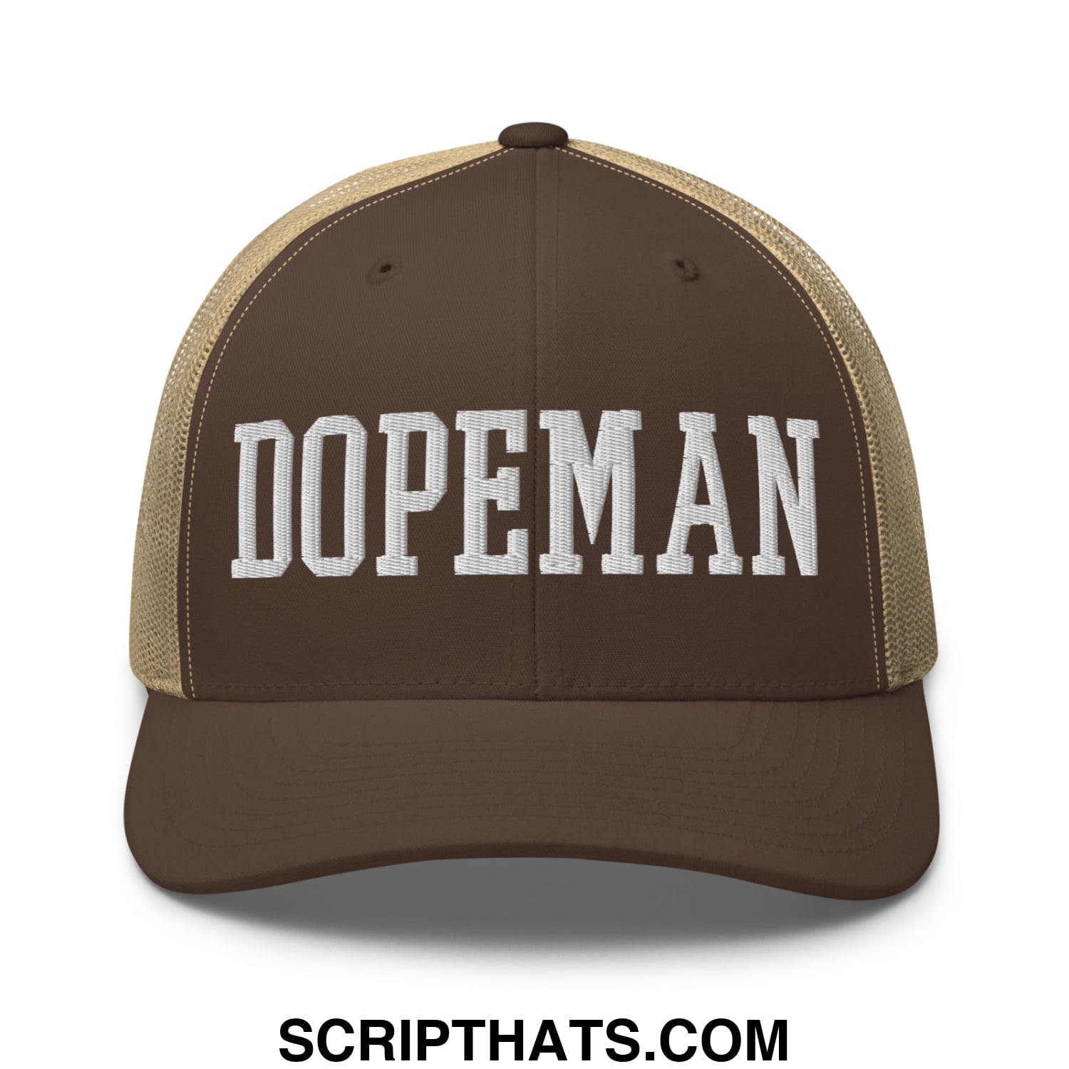 Brown and tan mesh trucker hat with white embroidered dopeman lettering on front panel