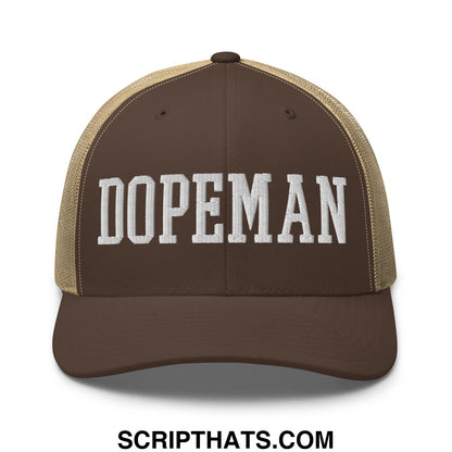 Brown and tan mesh trucker hat with white embroidered dopeman lettering on front panel