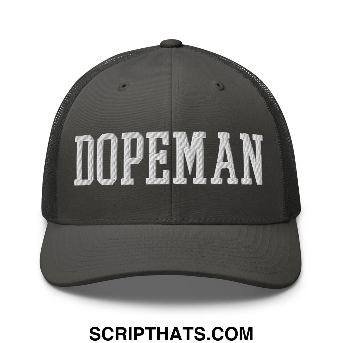 Dark gray mesh trucker hat with white embroidered dopeman lettering on the front panel