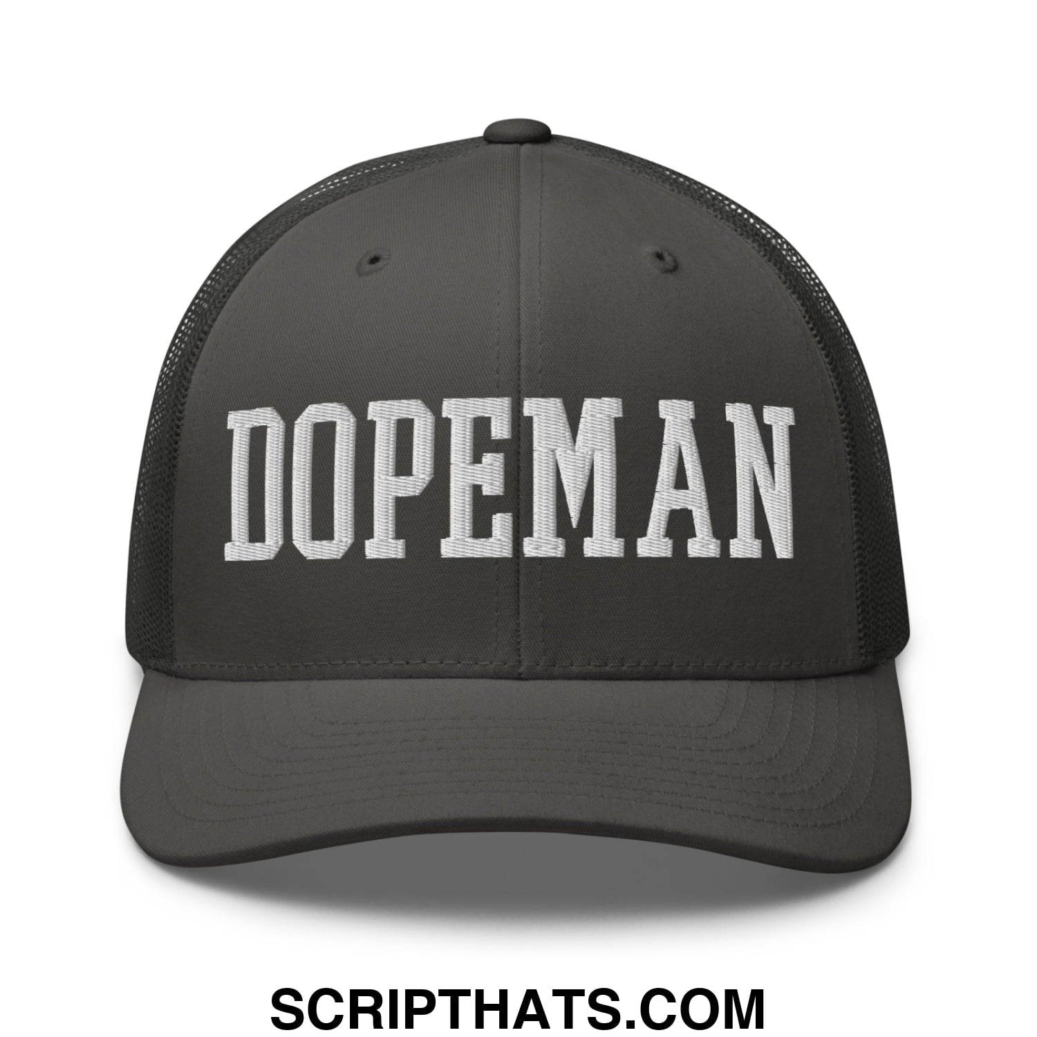 Dark gray mesh trucker hat with white embroidered dopeman lettering on the front panel