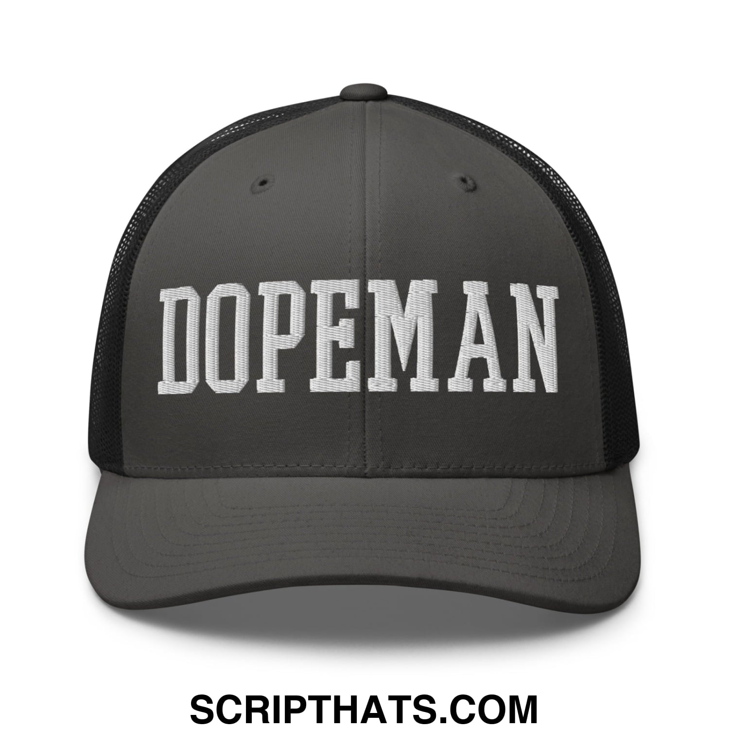 Dark gray mesh trucker hat with white embroidered dopeman lettering on front panel