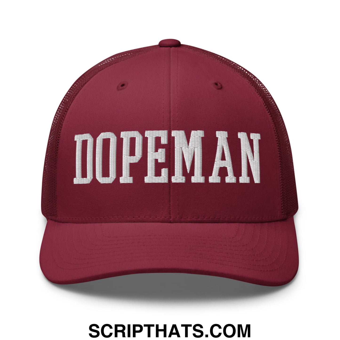 Maroon mesh trucker hat with white embroidered dopeman lettering featuring breathable design