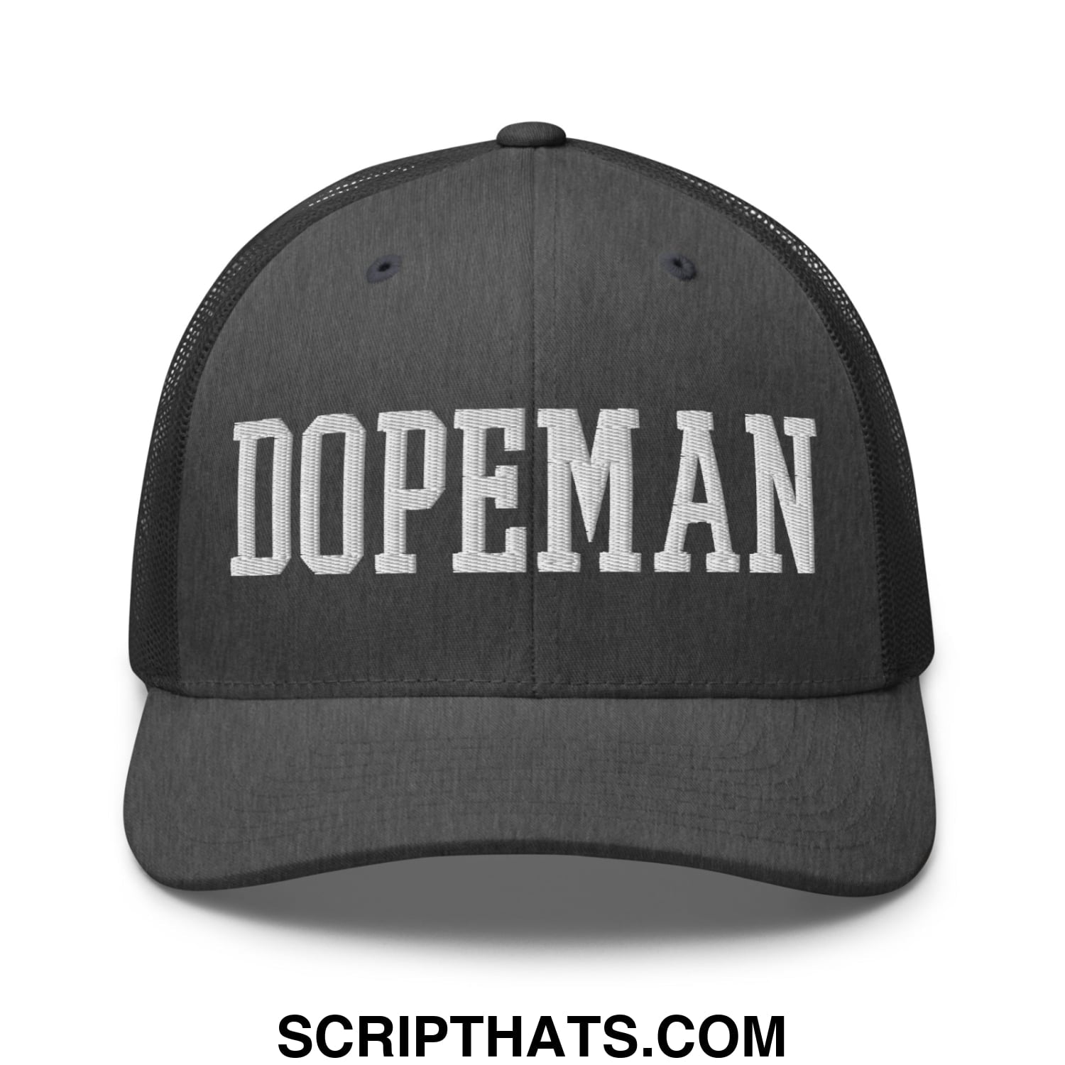 Black mesh Dopeman embroidered trucker hat featuring white lettering across the front panel