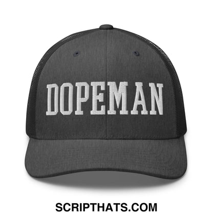 Black mesh Dopeman embroidered trucker hat featuring white lettering across the front panel