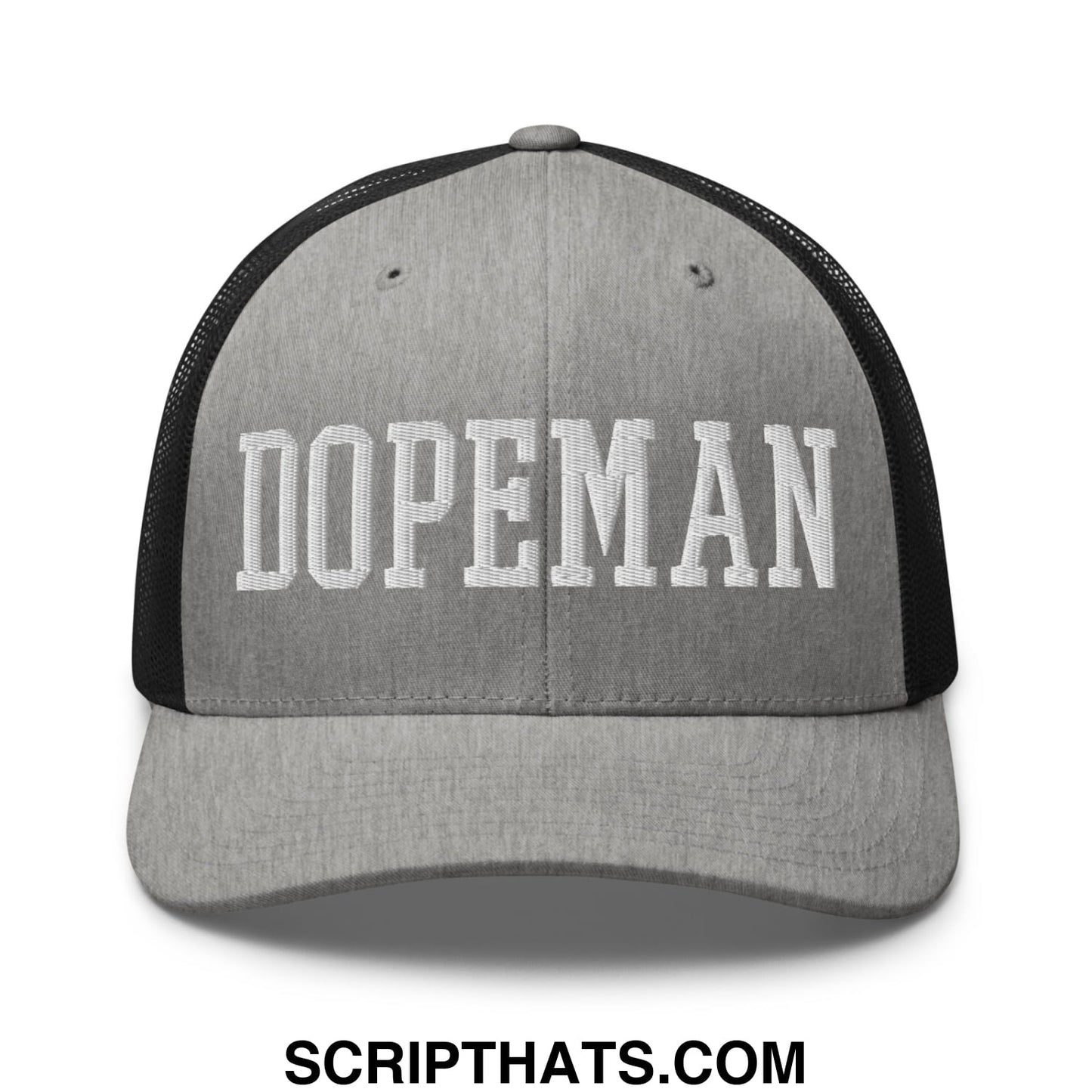 Gray and black mesh trucker hat with white embroidered dopeman lettering on front panel