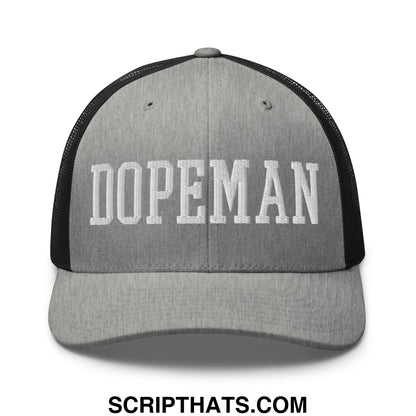 Gray and black mesh trucker hat with white embroidered dopeman lettering on front panel