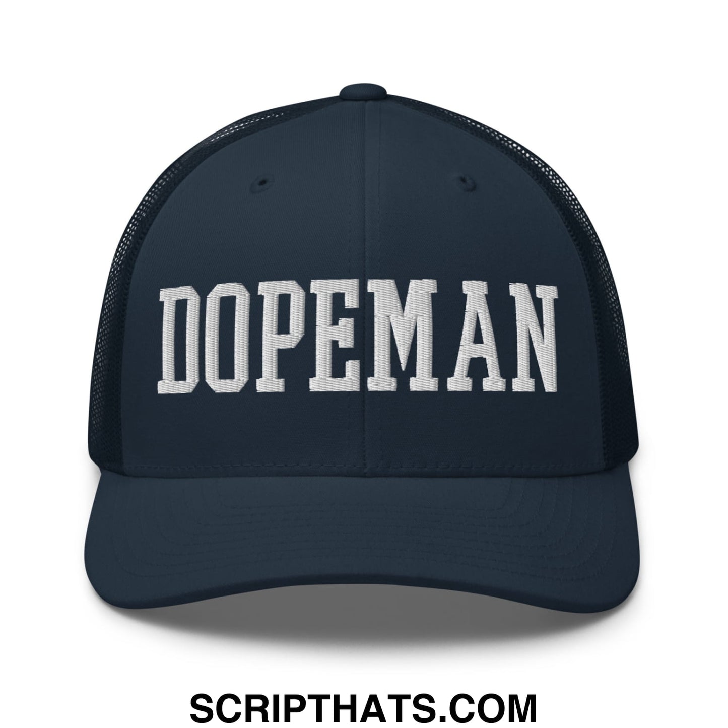 Dark navy blue mesh trucker hat with white embroidered dopeman lettering across the front panel