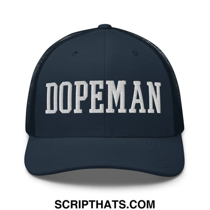Dark navy blue mesh trucker hat with white embroidered dopeman lettering across the front panel