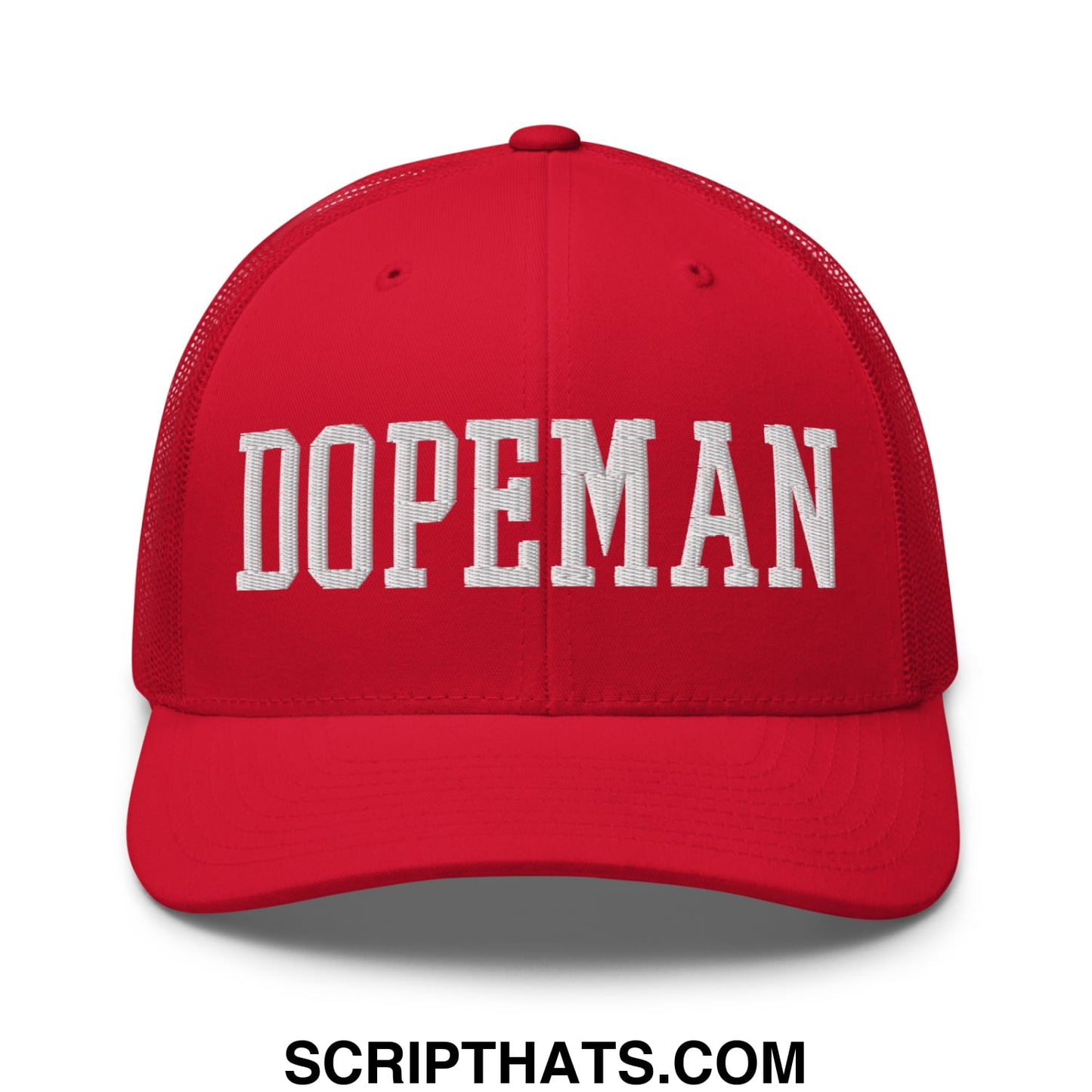 Red mesh trucker hat featuring white embroidered dopeman lettering across the front panel