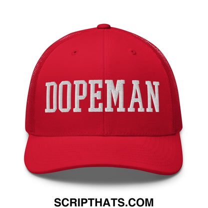 Red mesh trucker hat featuring white embroidered dopeman lettering across the front panel