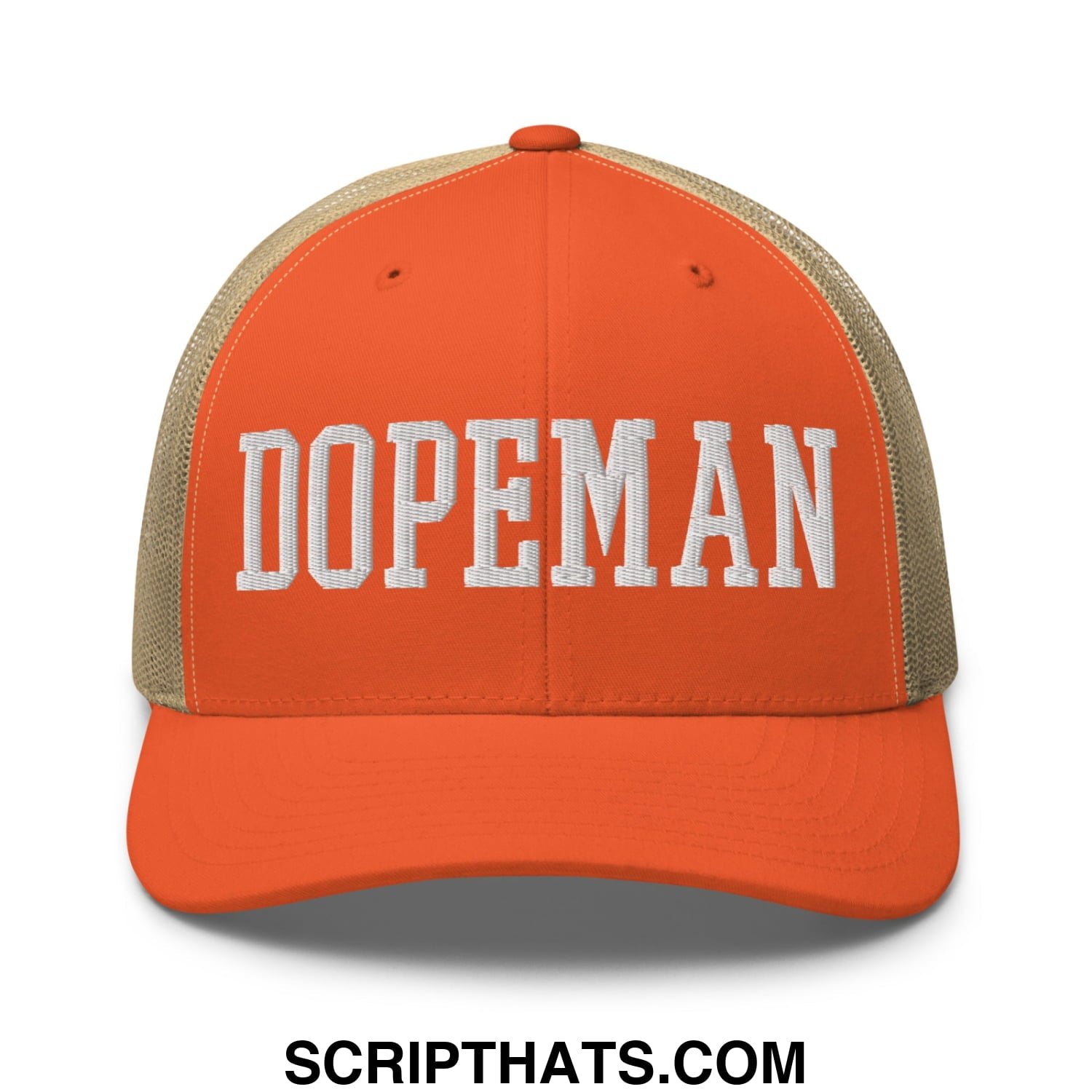 Orange and beige mesh trucker hat with white embroidered dopeman lettering for casual wear