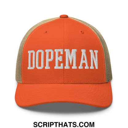 Orange and beige mesh trucker hat with white embroidered dopeman lettering for casual wear