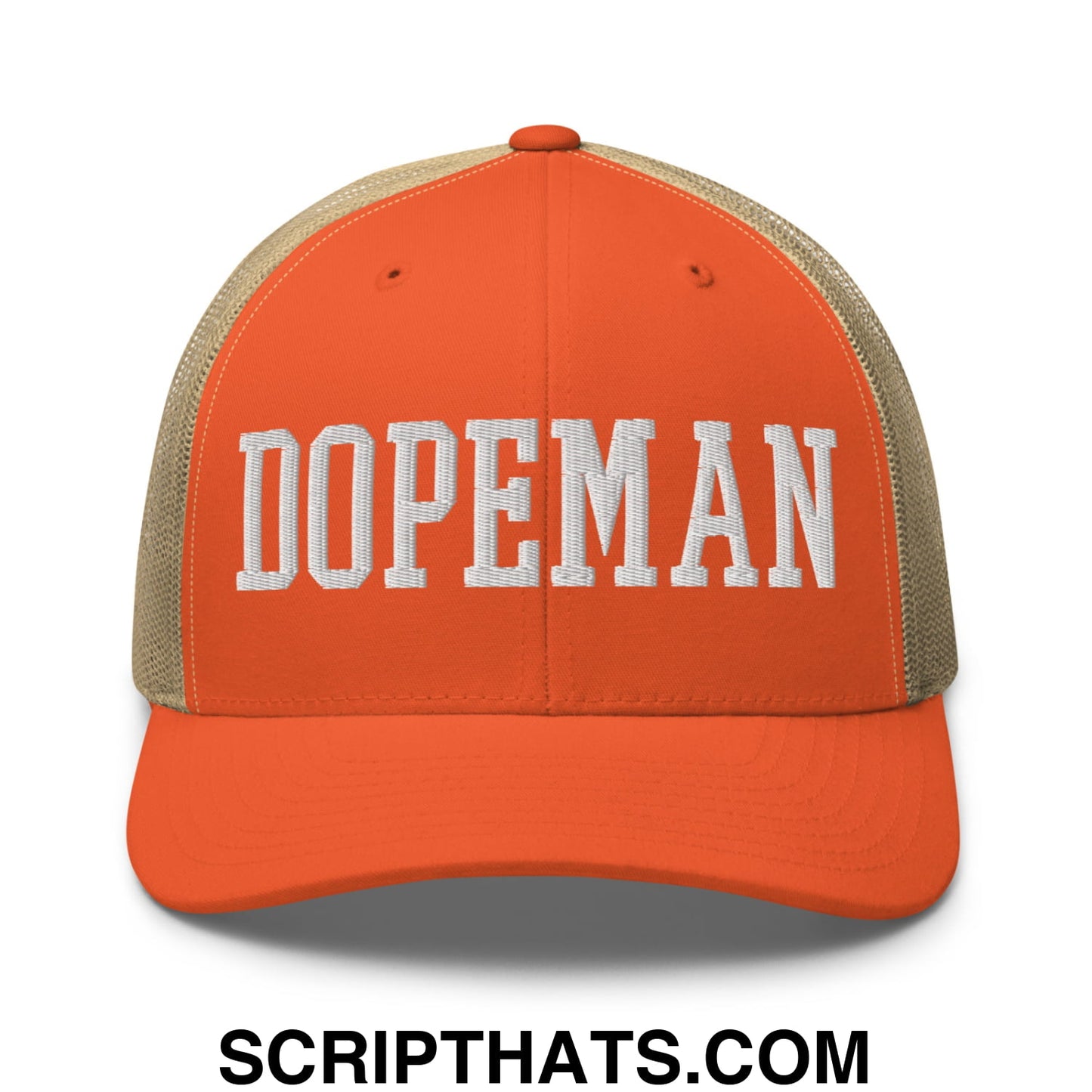 Dopeman Embroidered Mesh Trucker Hat Rustic Orange Khaki