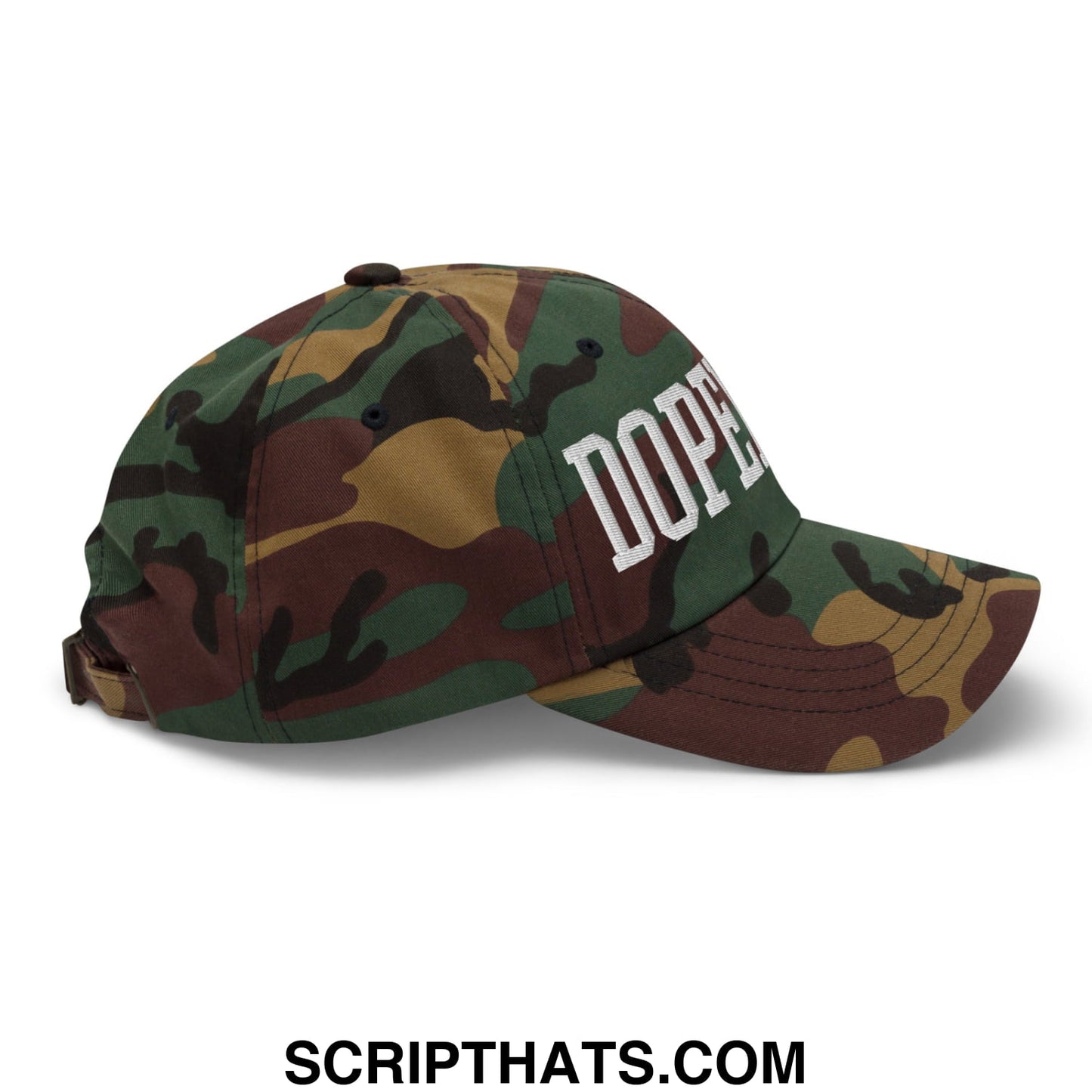 A camouflage Dopeman embroidered unstructured dad hat with a white dope logo on the front