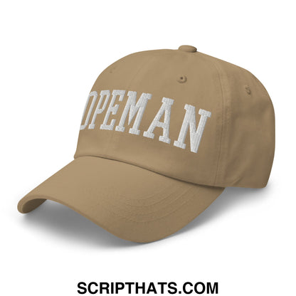 Tan dopeman embroidered unstructured dad hat with white embroidered topman lettering on the front panel