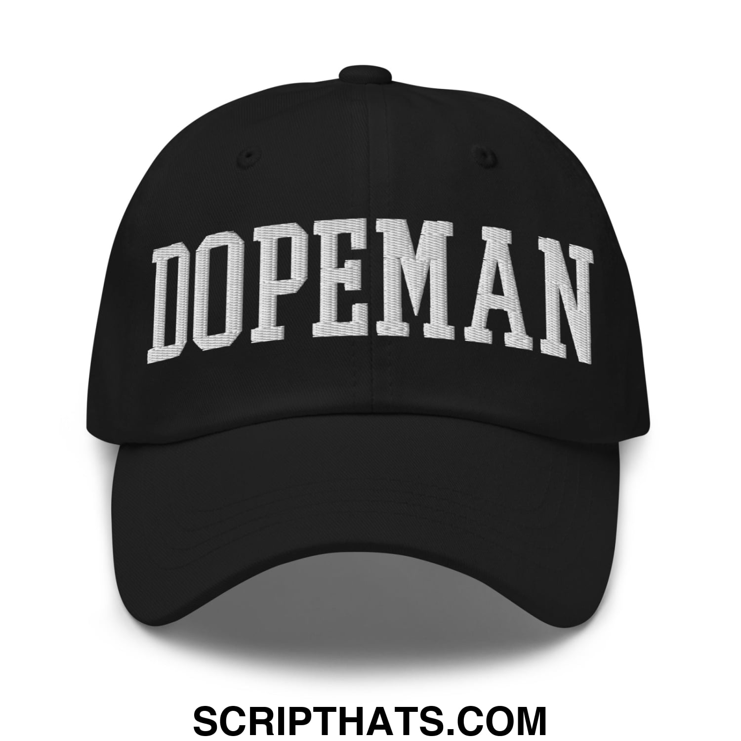 Black dopeman embroidered unstructured dad hat with white arched lettering and a classic casual design