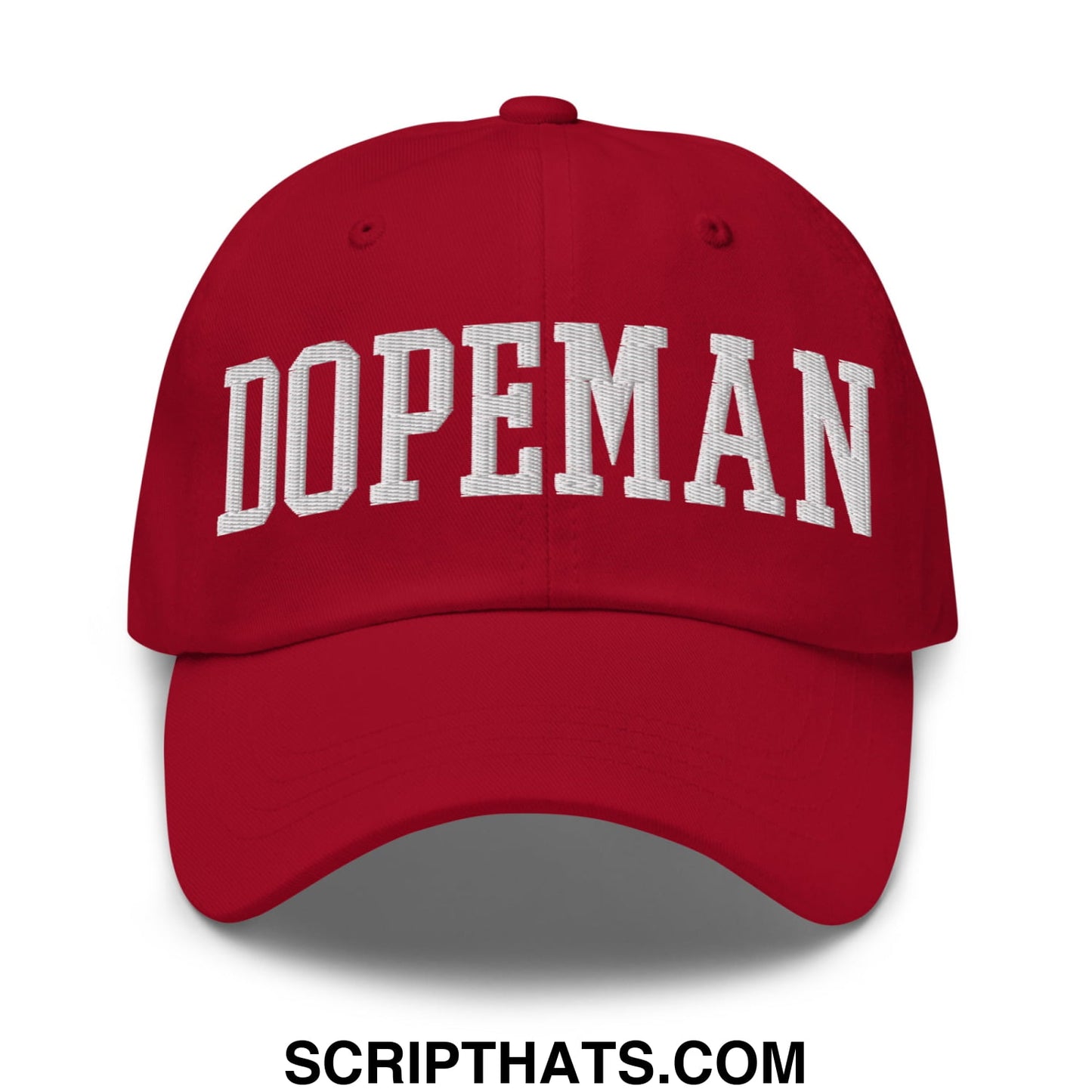 Red unstructured dad hat with white embroidered dopeman lettering in classic arched font