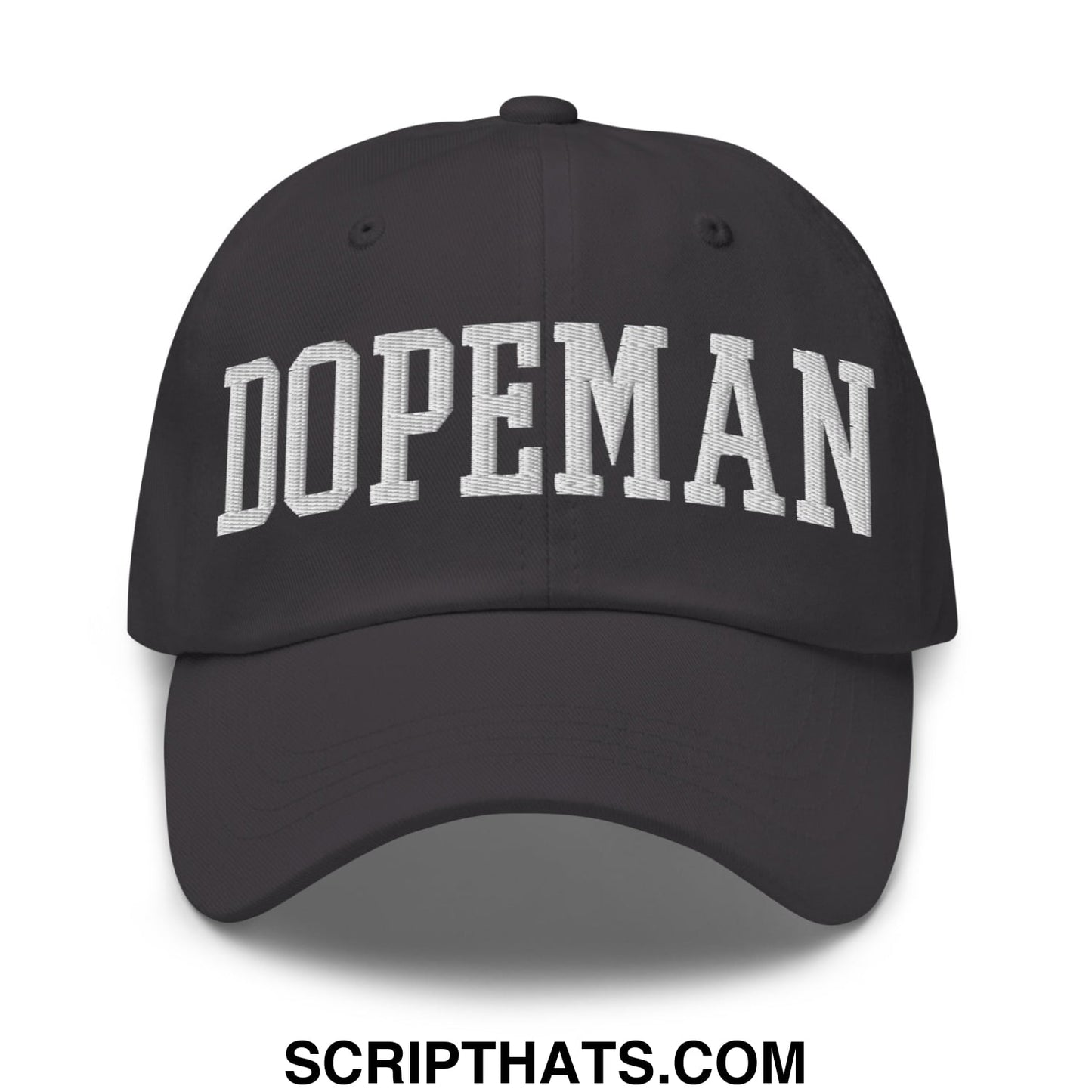 Black unstructured dad hat with white embroidered dopeman lettering in classic arched font