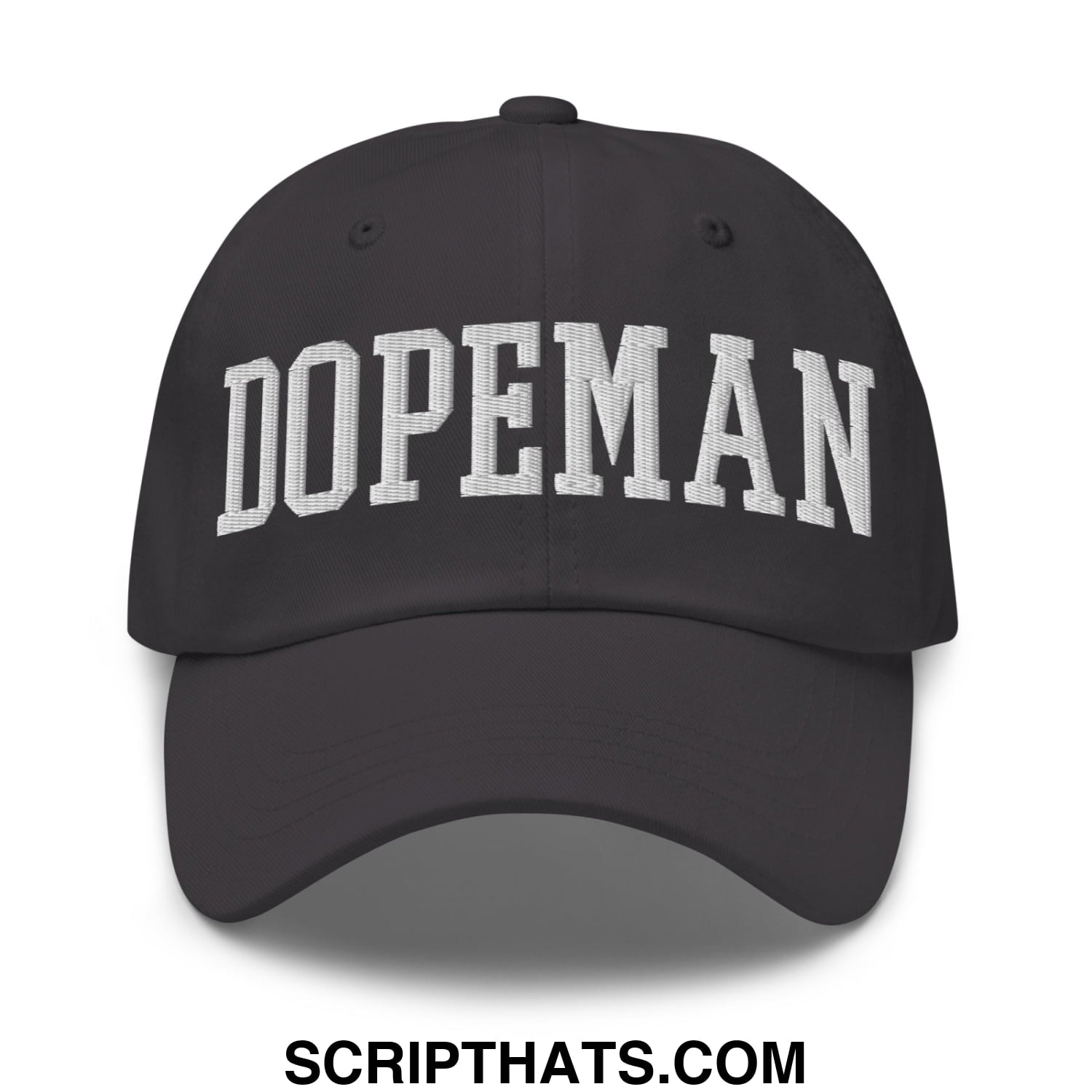 Black unstructured dad hat with white embroidered dopeman lettering in classic arched font