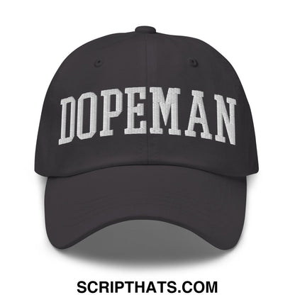 Black unstructured dad hat with white embroidered dopeman lettering in classic arched font