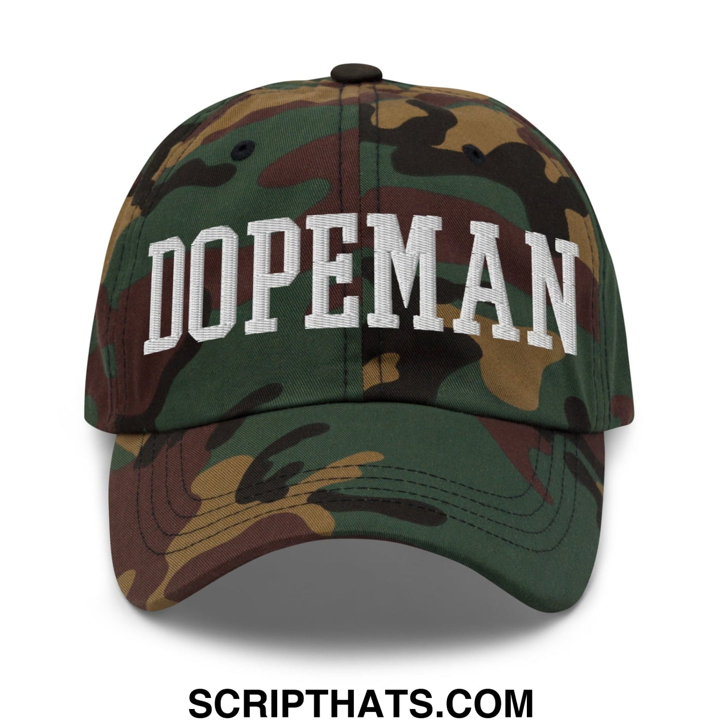 Camouflage dopeman embroidered unstructured dad hat featuring white lettering on a cotton blend fabric