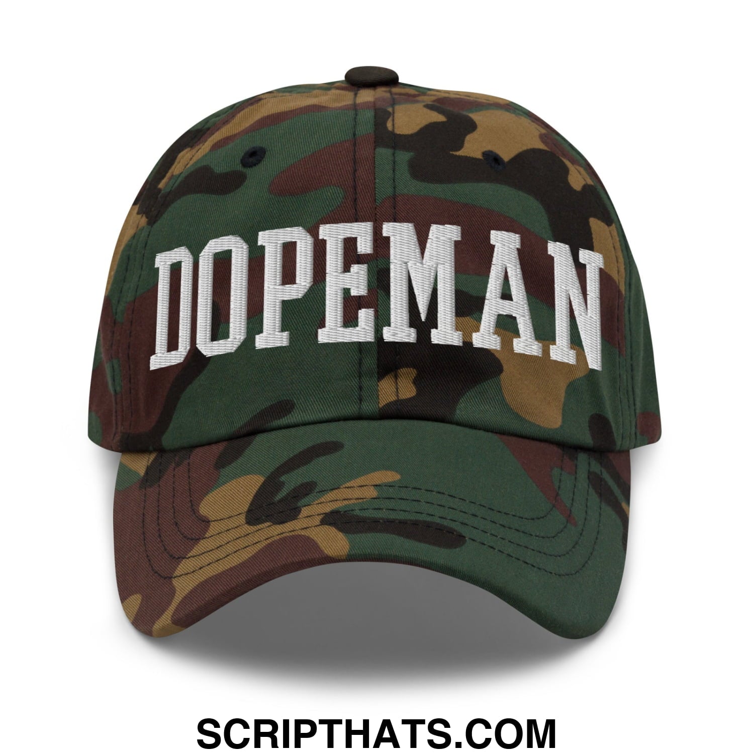 Camouflage dopeman embroidered unstructured dad hat featuring white lettering on a cotton blend fabric