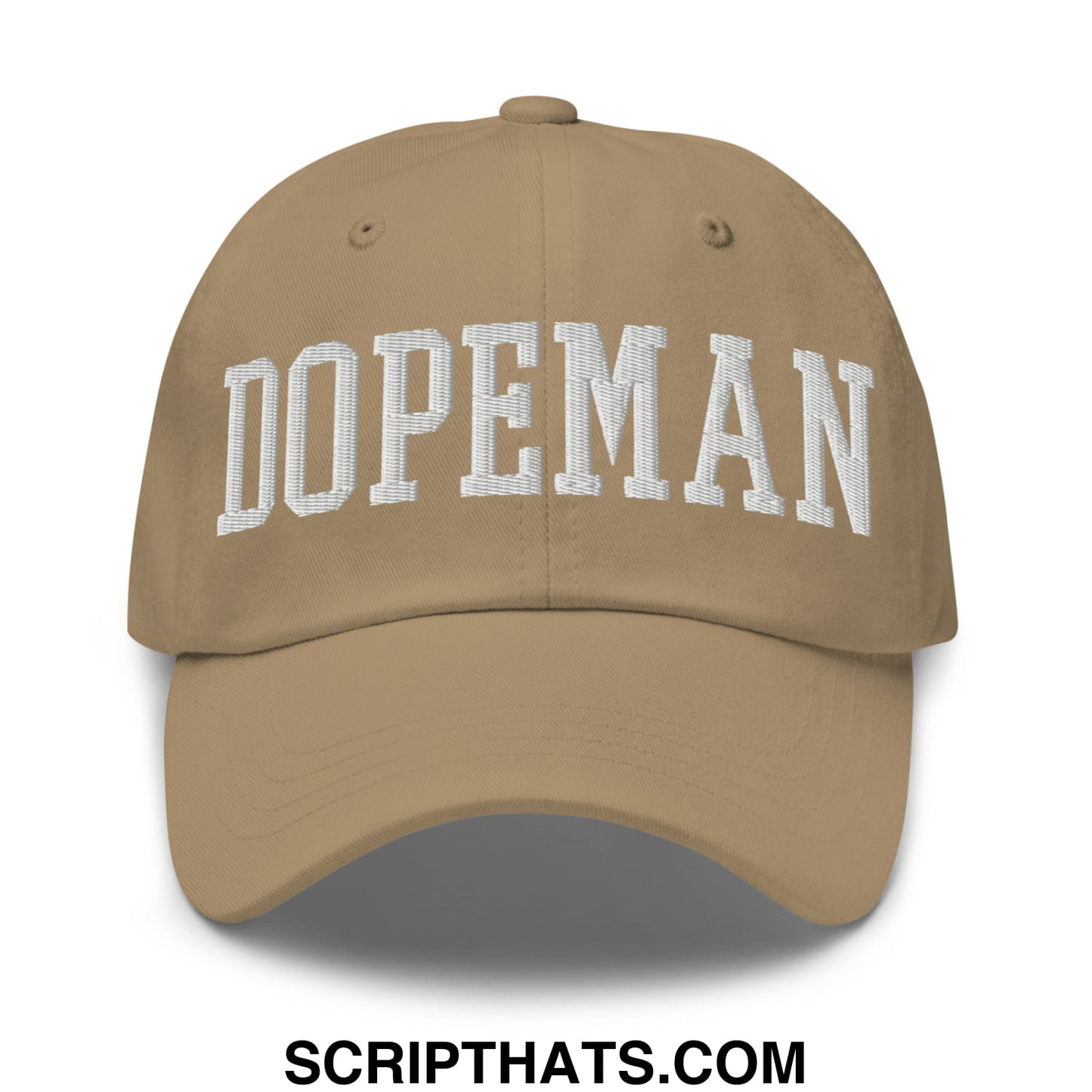 Tan baseball dad hat with white embroidered dopeman lettering front unstructured casual style cap