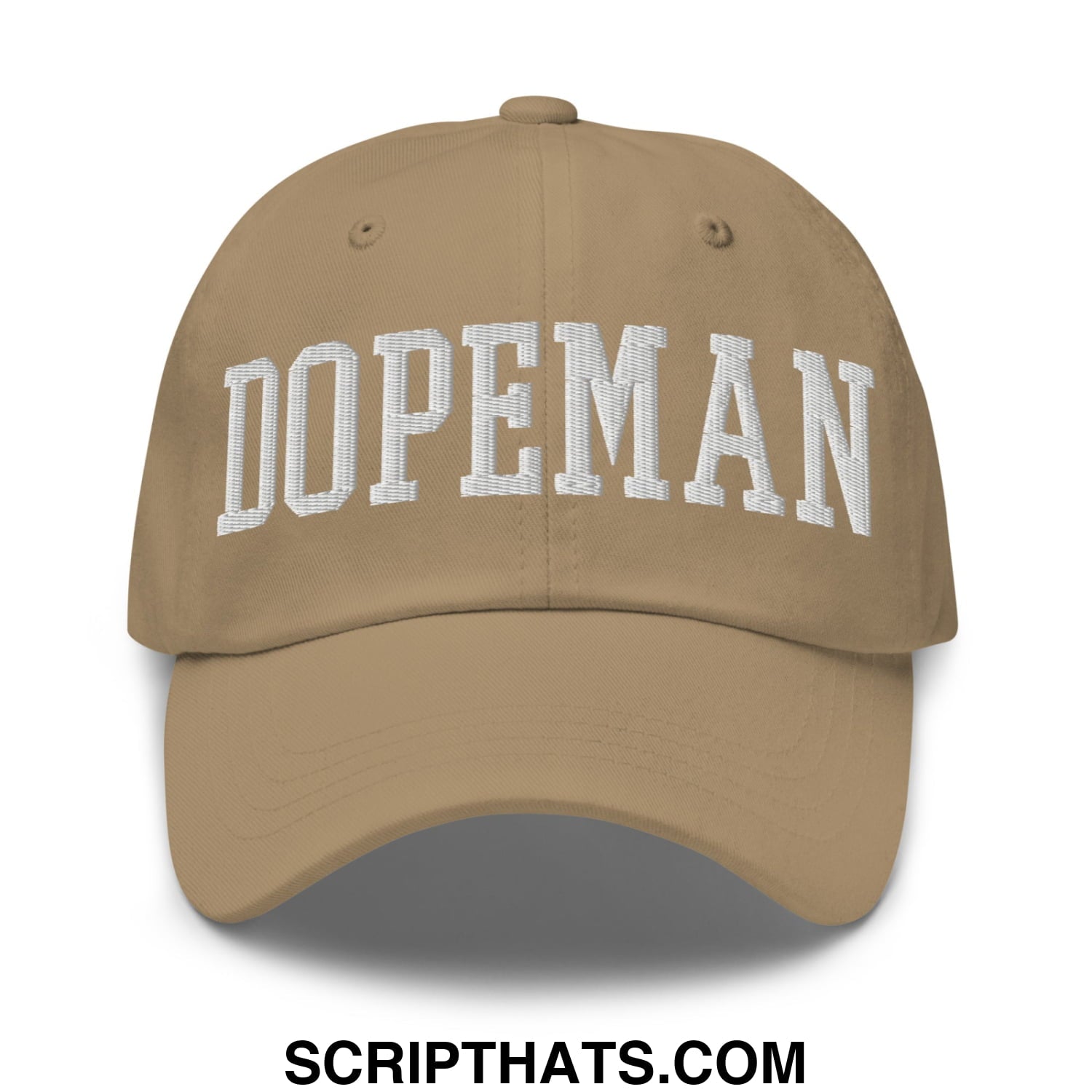 Tan baseball dad hat with white embroidered dopeman lettering front unstructured casual style cap
