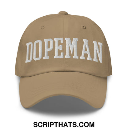 Tan baseball dad hat with white embroidered dopeman lettering front unstructured casual style cap