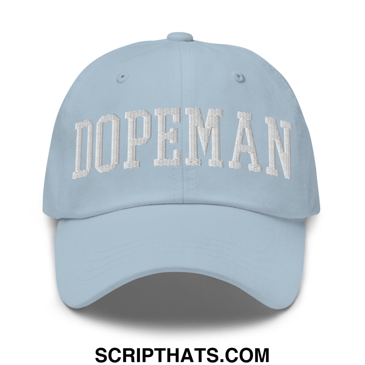 Light blue dopeman embroidered unstructured dad hat with white arched lettering on the front panel