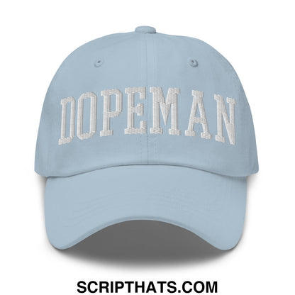 Light blue dopeman embroidered unstructured dad hat with white arched lettering on the front panel